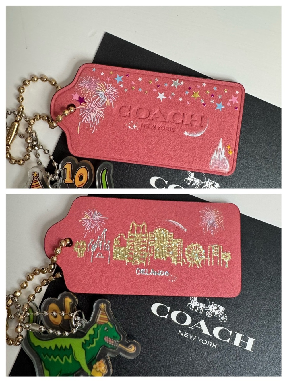 Coach Orlando skyline large hangtag with dice and tea rose charm